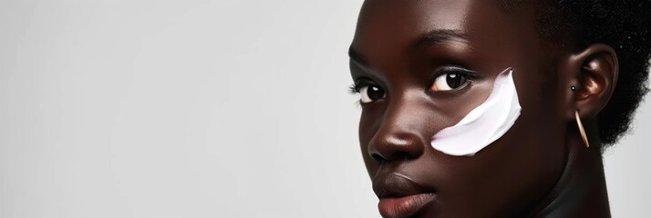 Close-up view of a beautiful black woman applying white cream on her face in a light gray studio setting, highlighting her dark hair and features, focusing attention on her facial expression.