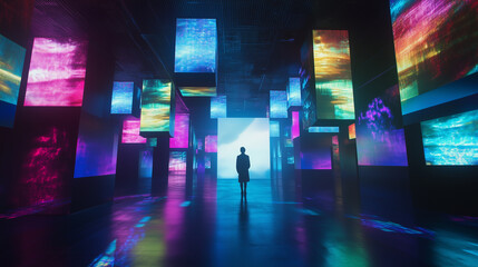 多数のディスプレイの中に没入する未来的な美術館もしくは博物館