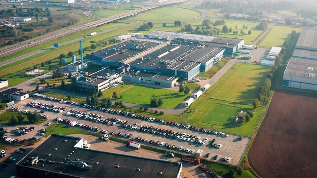 Drone aerial view of Philip Morris International&rsquo;s factory in Lithuania. Tobacco Factory. Klaipeda, Lithuania - 06 15 2024.