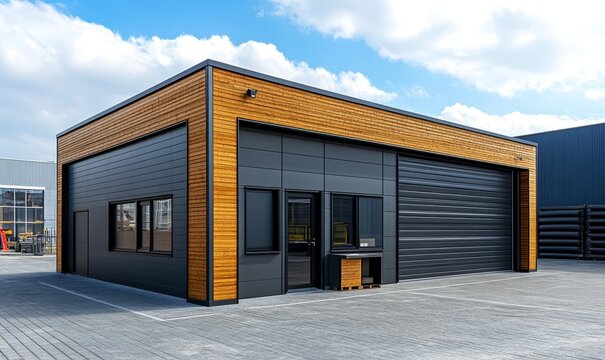 Exterior of a modern warehouse with a small office unit, Generative AI