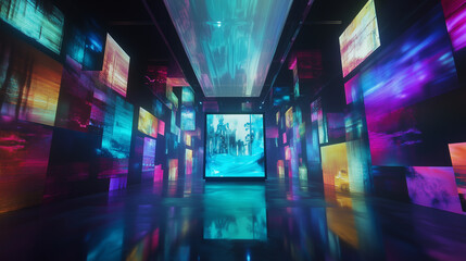 多数のディスプレイの中に没入する未来的な美術館もしくは博物館