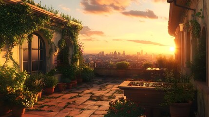 Obraz premium Overgrown Rooftop Garden with Glowing Sunset and City Horizon