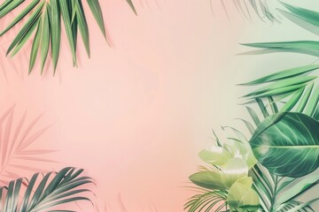 A pink background with green leaves and a green leaf in the middle