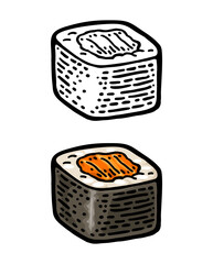 Sushi maki with nori and salmon. Isolated on white background. Vintage color vector engraving