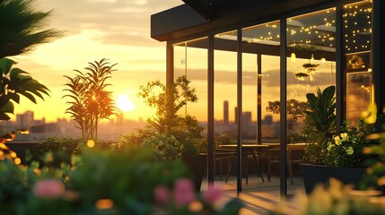 Fototapeta premium Glowing Rooftop Cafe With Potted Plants and Flowers Reflecting on Glass Walls at Sunset