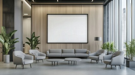 Modern Office Interior Mockup with Large Empty Frame for Artwork or Branding | Clean Design with Copy Space for Mock-Up Banners and Promotions