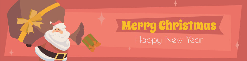 Merry Christmas banner design. Xmas party invitation template with cheerful Santa Claus holding huge gift bag with ribbon and bow. Winter greeting card with celebration symbols. Vector illustration.