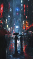 Obraz premium A rainy urban scene with silhouettes holding umbrellas amidst vibrant neon lights.