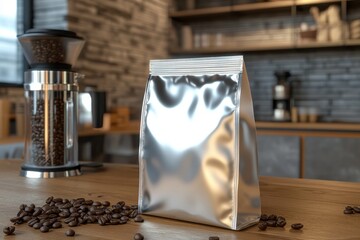 White coffee bag with resealable zipper and scattered beans in a minimalist barista shop