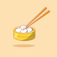 Cartoon Dim Sum with Chopsticks Vector Icon, Food Object
