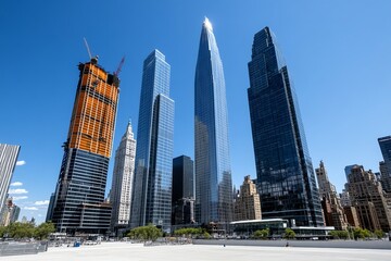 A minimalist urban skyline against a clear blue sky, showcasing sleek skyscrapers with glass facades and clean lines dominating the cityscape