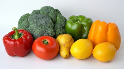 Fresh fruits and vegetables on a white background, perfect for showcasing your food products.