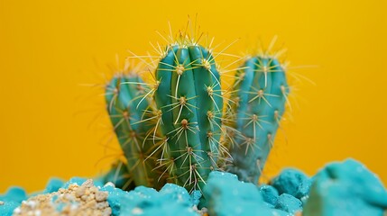 Close up of new cactus stems with a yellow backdrop bound by blue algae cream in an open cap