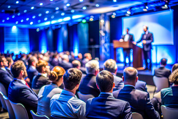 Business Conference Speaker Presenting to a Large Audience in a Professional Setting, on dark blue background