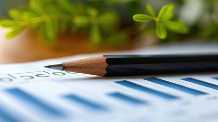 Close-up pencil on financial papers with bar charts and green leaves in background, symbolizing the blend of eco-friendly strategies and detailed financial analysis.