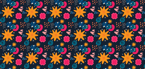 A modern exotic floral jungle pattern in a hand-drawn, cartoon style, featuring a contemporary collage of seamless elements. Ideal for vibrant and playful design projects with a trendy, creative touch
