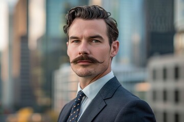 Fototapeta premium Professional Headshot of a Polished Man with Neat Mustache and Urban Cityscape Background for Corporate Use