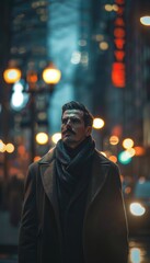 Editorial Fashion Shot of a Man with Pencil Mustache in a Tailored Coat on a Busy Night Street