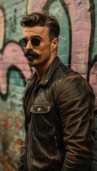 Fototapeta premium Stylish Urban Portrait of Man with Mustache in Leather Jacket and Sunglasses for Edgy Fashion Concept
