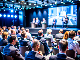 Obraz premium Business Conference Speaker Presenting to a Large Audience in a Professional Setting, on dark blue background