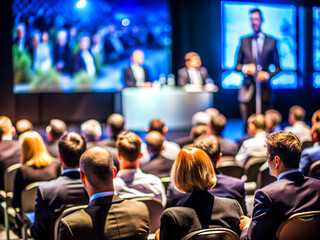 Business Conference Speaker Presenting to a Large Audience in a Professional Setting, on dark blue background