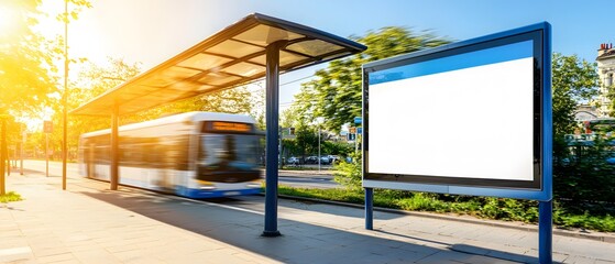 Fototapeta premium Empty Billboard at Bus Stop in Urban Setting