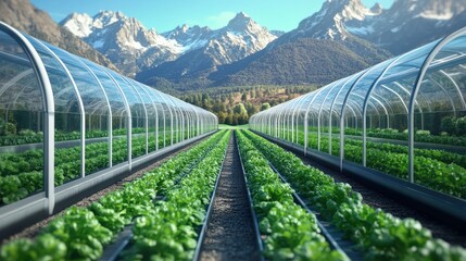 Fototapeta premium 3D render of Apoplois greenhouses in the mountains with growing vegetables inside