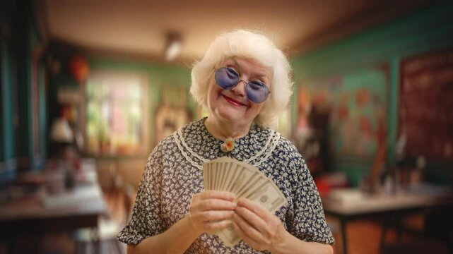 Portrait of funny senior woman showing dollars, lottery winner, rich woman