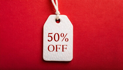 Sale tag with text 50% off on red background. For promoting discounts and shopping events.
