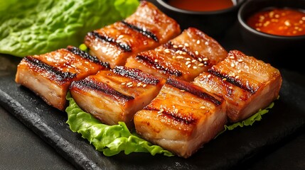 
Grilled pork belly slices served with lettuce wraps and spicy dipping sauce, grilled pork belly, Korean barbecue.