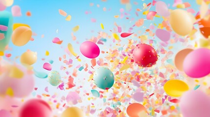 a vibrant and colorful scene with a variety of balloons and confetti floating in the air. The balloons are in different colors, including pink, yellow, orange, and blue