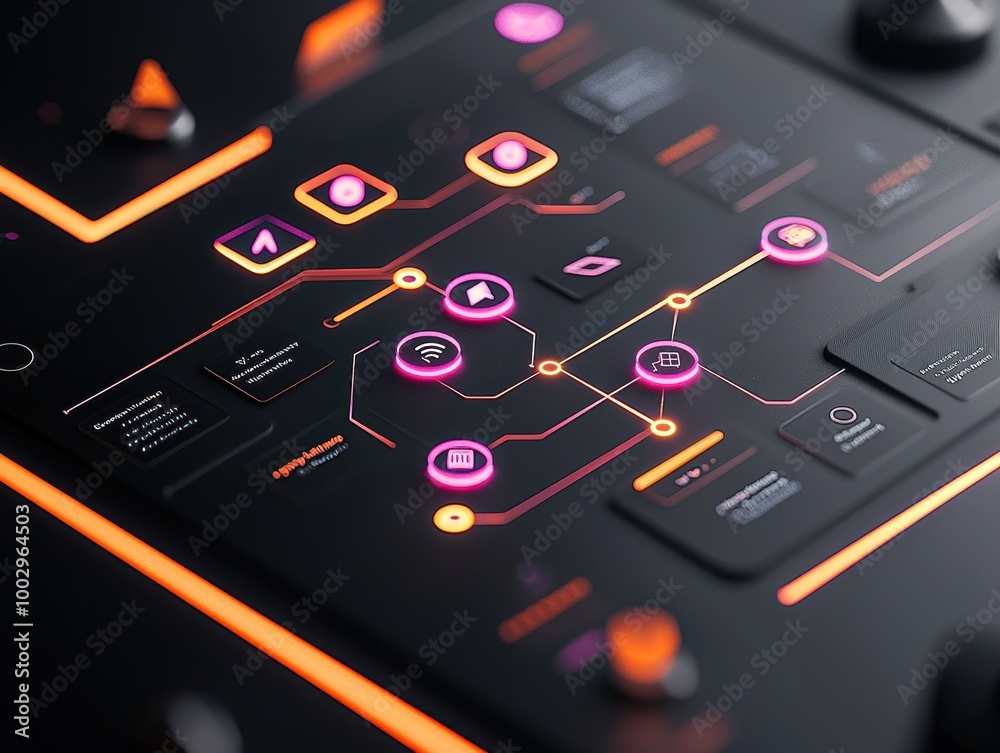 Aufkleber control panel with glowing buttons, black background