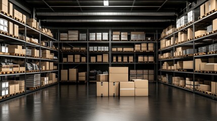 Obraz premium 3D render of warehouse with boxes on metal shelves in a modern storage room