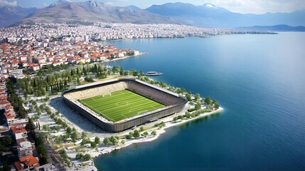 Obraz premium Modern Stadium at Coast with Island View
