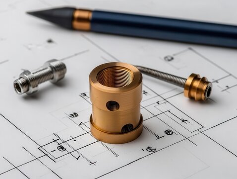 Orthographic technical drawing of a metal part for CNC machining, including dimensions and tolerances, technical drawings, precision engineering