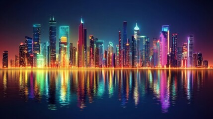 Fototapeta premium Futuristic Cityscape with Vibrant Neon Lights Illuminating a Modern Digital Skyline at Night, Reflecting Advanced Technology and Urban Life