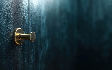 Close-up of a golden door handle against a textured dark blue wall.