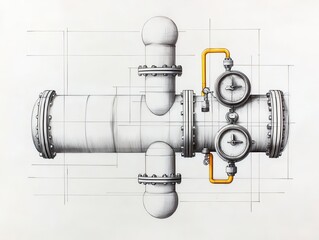 Technical drawing of a chemical processing plant, detailing pipes, valves, and reactors, technical drawings, chemical engineering