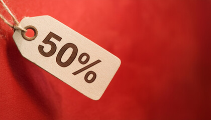 Sale tag with text 50% off on red background. For promoting discounts and shopping events.