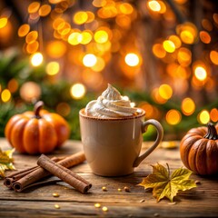 Autumn pumpkin latte with cinnamon and whipped cream against the background of an autumn forest, blurred in bokeh, a drink for cool autumn days and celebrating Halloween in a warm and cozy atmosphere