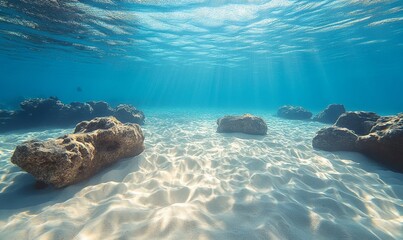 Obraz premium The tropical blue ocean of Hawaii is showcased with white sand and underwater stones, creating a serene ocean background, Generative AI