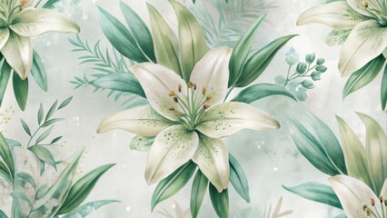 Delicate floral design featuring white lilies and leaves.