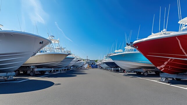 Pristine Luxury Boats on Trailers in a Marina Store's Parking Lot on a Sunny Day