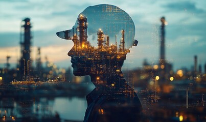 Double exposure of Engineer with oil refinery industry plant background, industrial instruments in the factory and physical system icons concept, Generative AI