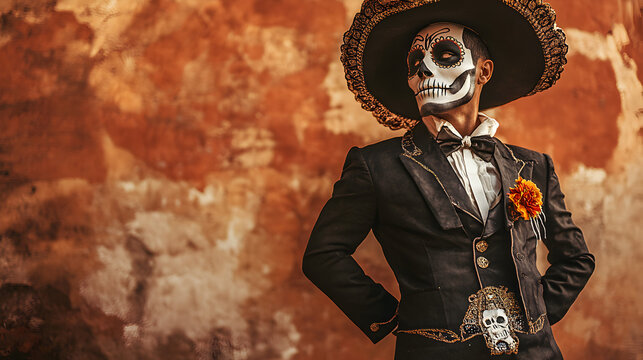 un fondo cone spacio de copia y un catrin elegante con traje tipico de charro mexicano celebrando el tradicional y cultural dia de muertos en mexico