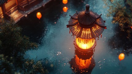 Mystical Asian Lantern at Night: A mesmerizing aerial view of an ornate Asian lantern glowing warmly amidst a misty, tranquil garden, with floating lanterns adding to the enchanting atmosphere. 