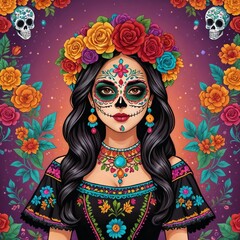 Fototapeta premium Woman with Day of the Dead makeup and floral crown against vibrant background 