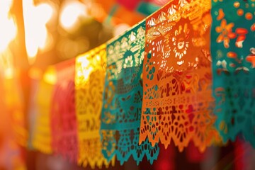 Festive Papel Picado Banners in Vibrant Colors Swaying in the Sunset Light for Celebrations