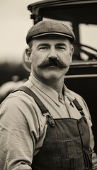 Obraz premium Vintage Style Portrait of Man with Thick Mustache in Flat Cap and Suspenders, Nostalgic Black and White Photography