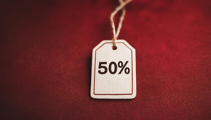 Sale tag with text 50% off on red background. For promoting discounts and shopping events.
